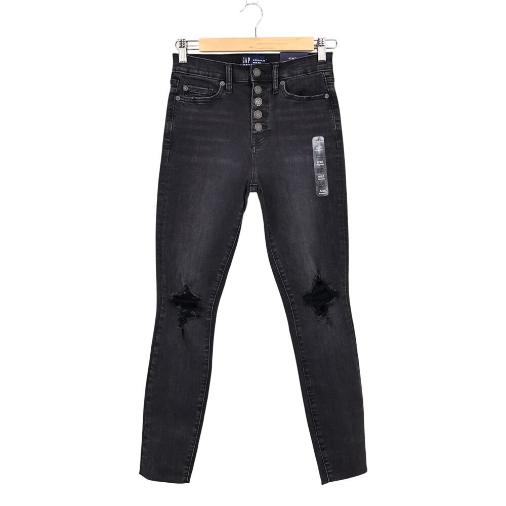 NWT GAP Stretch Denim High Rise Exposed Button Fly Legging Black Wash Size 0/25